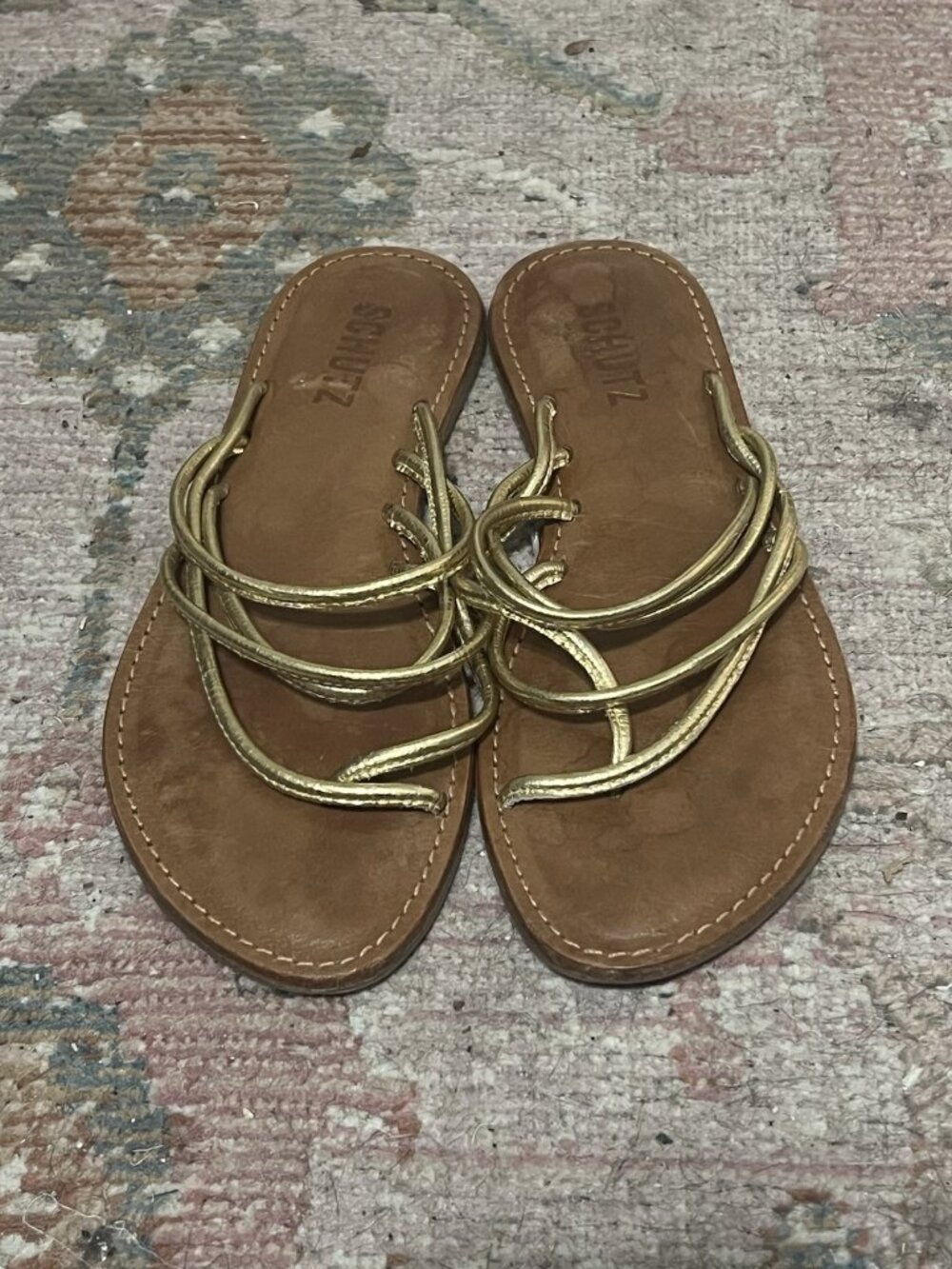 Schutz Mirielle Flat Metallic Gold Sandals Size 6B